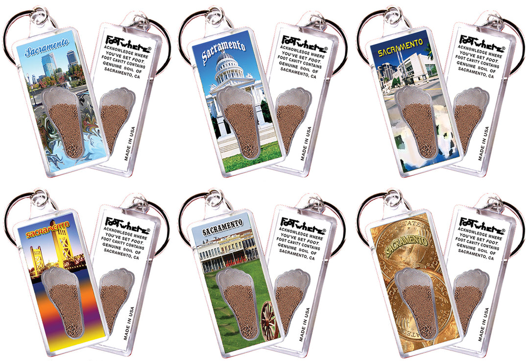 Sacramento FootWhere® Souvenir Keychains. 6 Piece Set. Made in USA