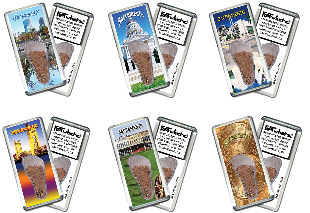Sacramento FootWhere® Souvenir Fridge Magnets. 6 Piece Set. Made in USA