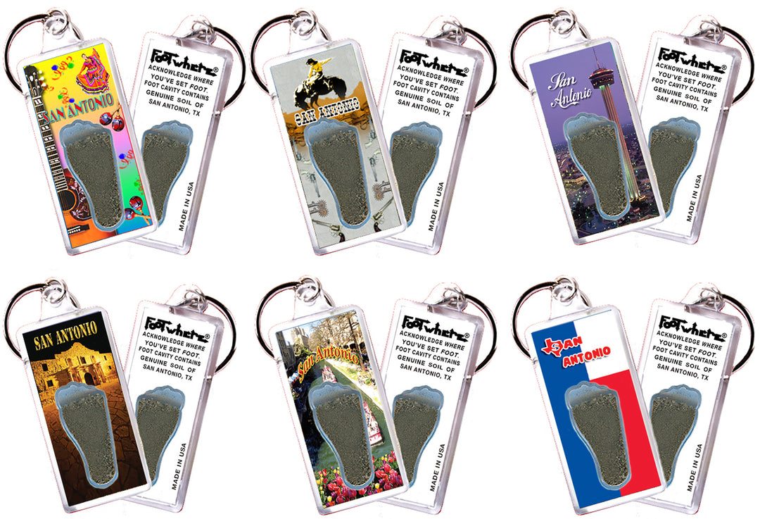 San Antonio FootWhere® Souvenir Keychains. 6 Piece Set. Made in USA