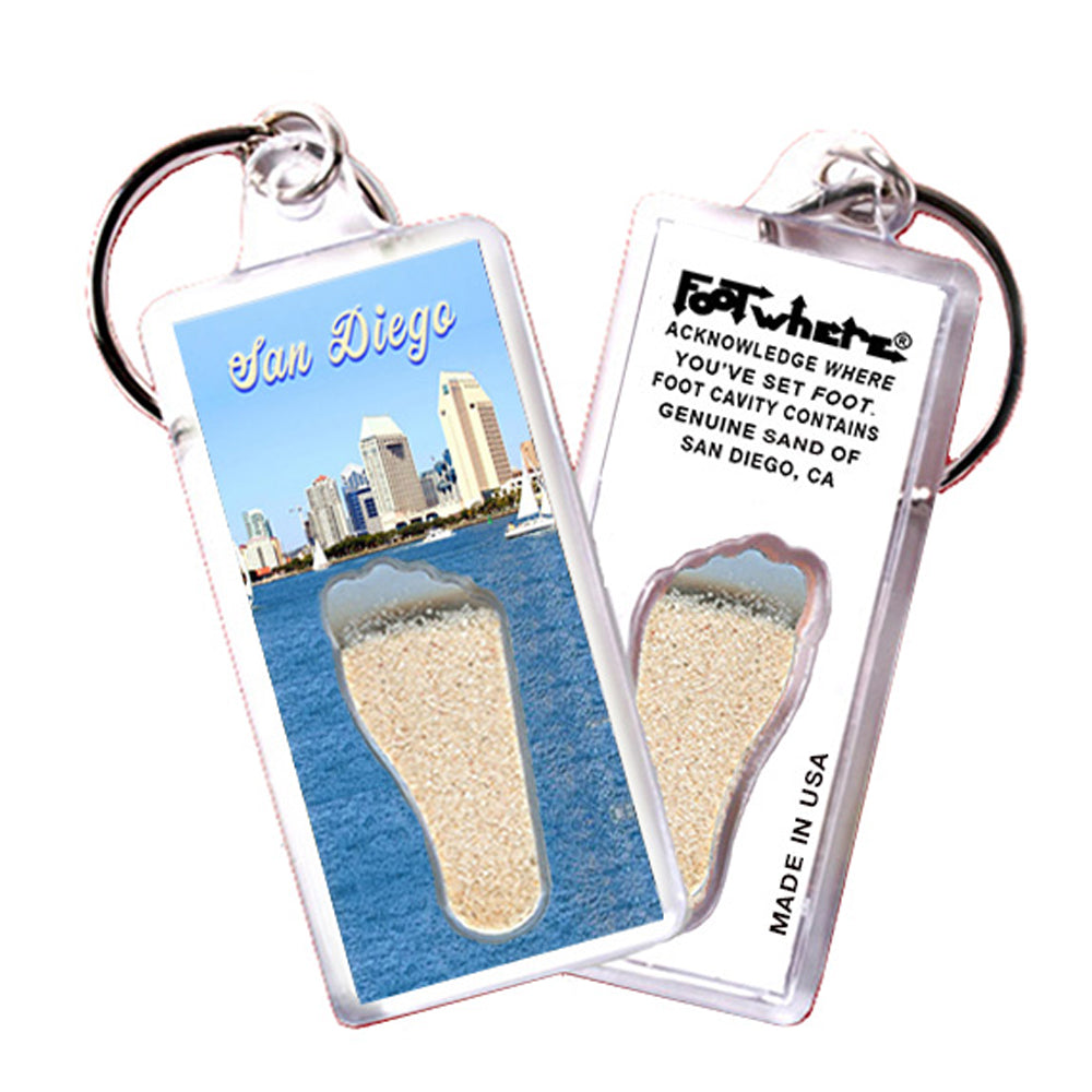 San Diego FootWhere® Souvenir Keychains. 6 Piece Set. Made in USA