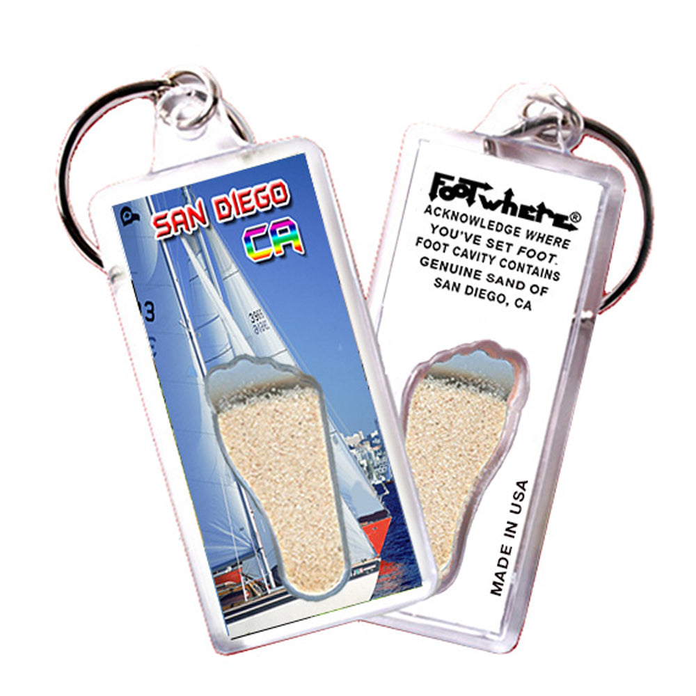 San Diego FootWhere® Souvenir Keychains. 6 Piece Set. Made in USA