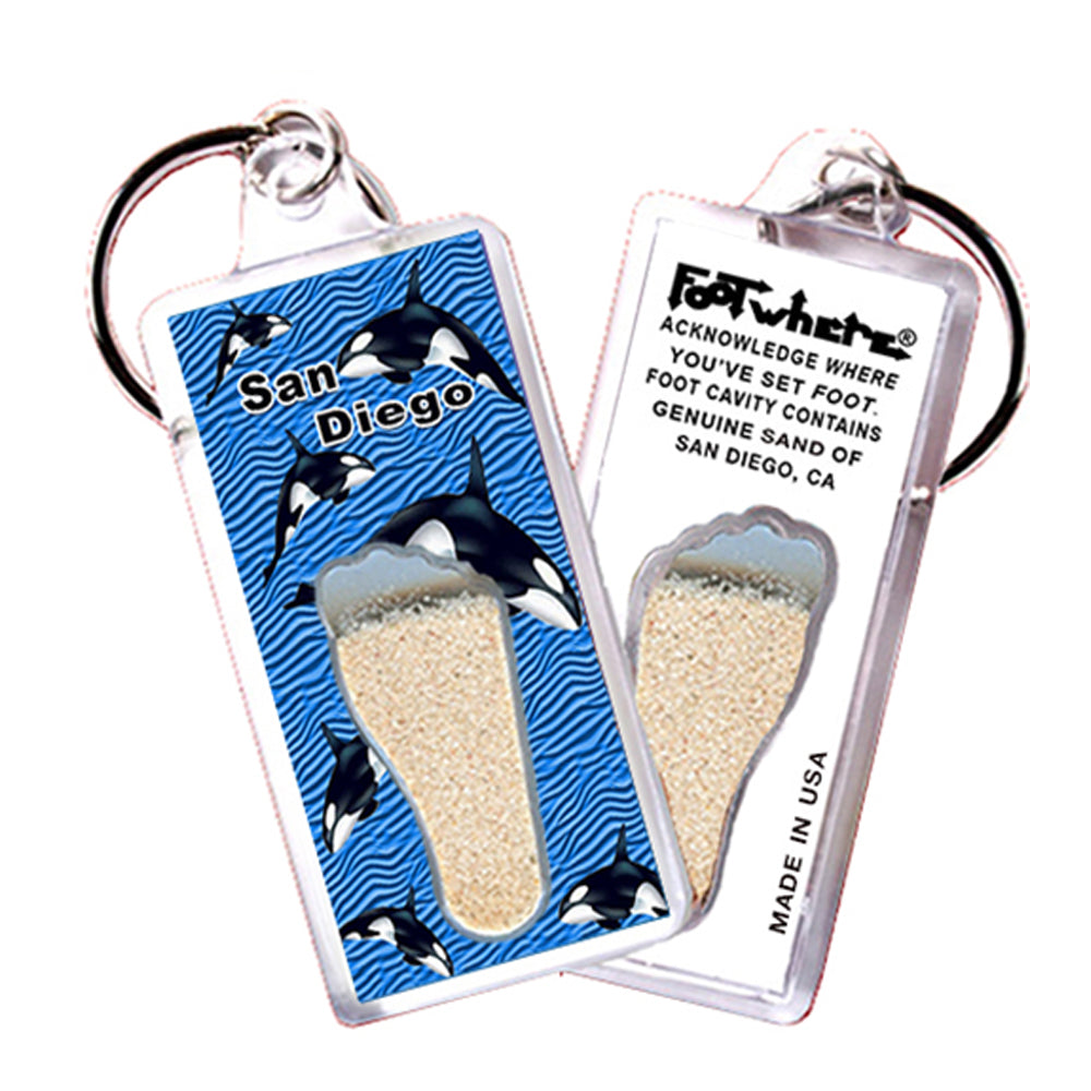 San Diego FootWhere® Souvenir Keychains. 6 Piece Set. Made in USA