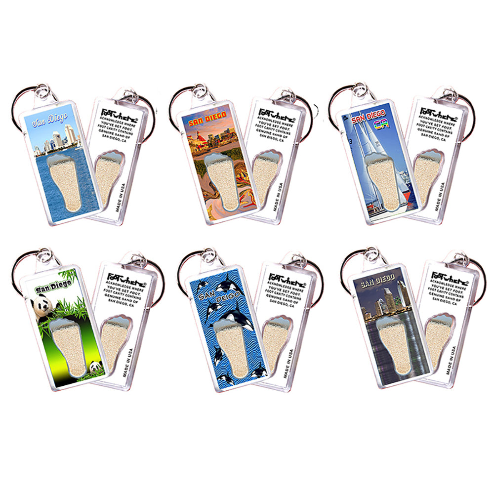 San Diego FootWhere® Souvenir Keychains. 6 Piece Set. Made in USA