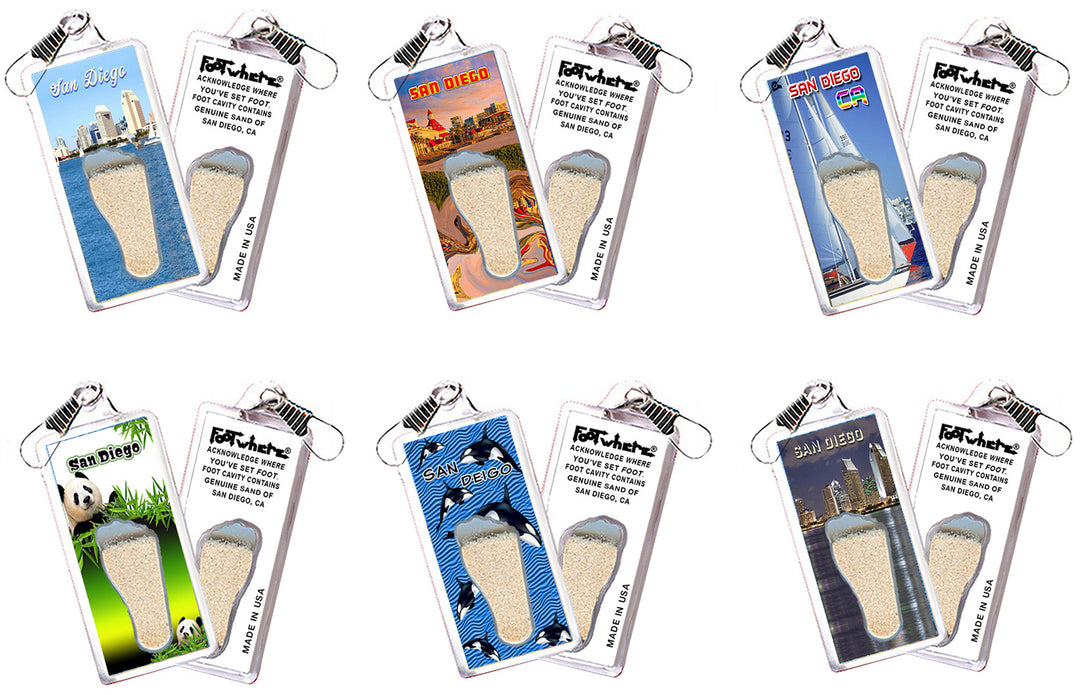 San Diego FootWhere® Souvenir Zipper-Pulls 6 Piece Set. Made in USA