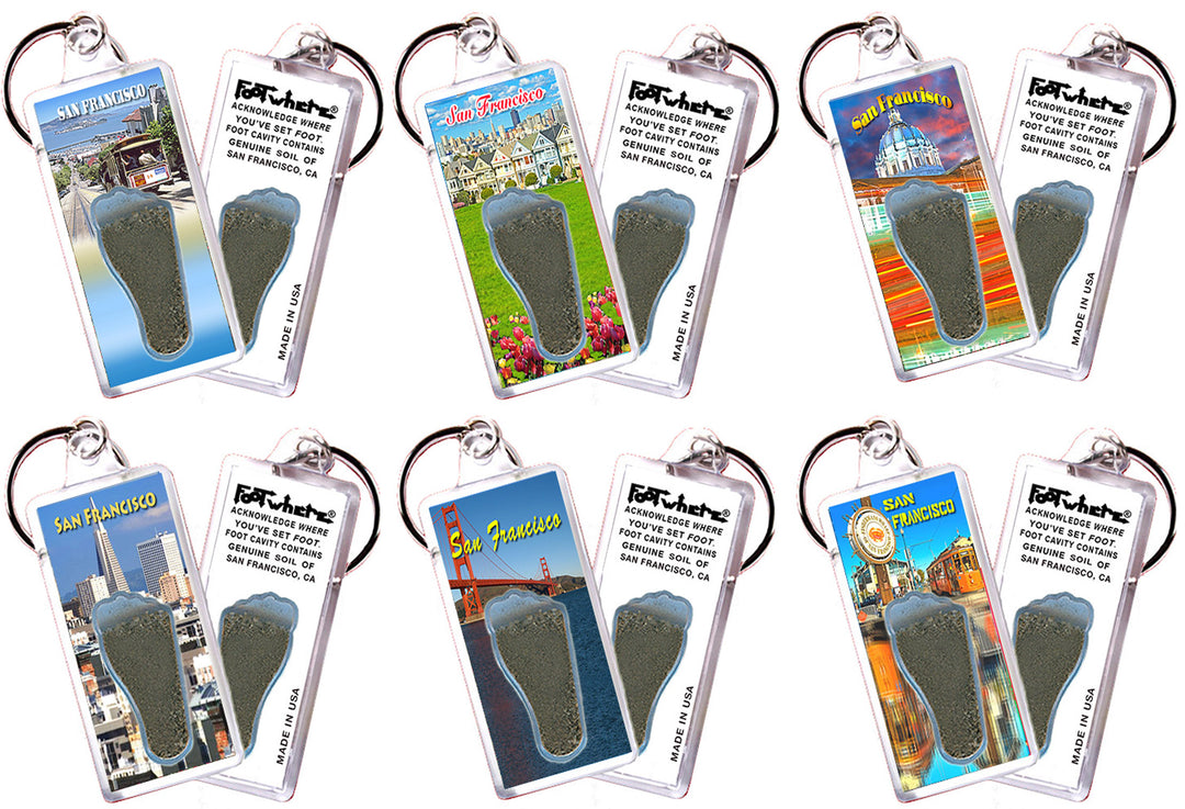 San Francisco FootWhere® Souvenir Keychains. 6 Piece Set. Made in USA
