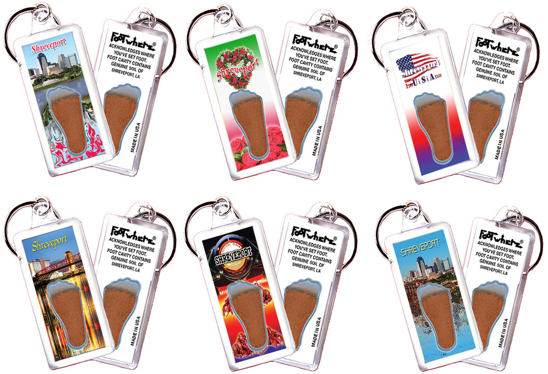 Shreveport FootWhere® Souvenir Keychains. 6 Piece Set. Made in USA