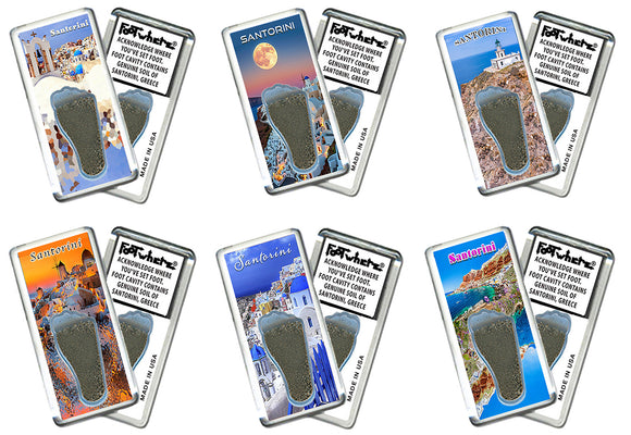 Santorini FootWhere® Souvenir Fridge Magnets. 6 Piece Set. Made in USA