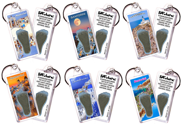 Santorini FootWhere® Souvenir Keychains. 6 Piece Set. Made in USA