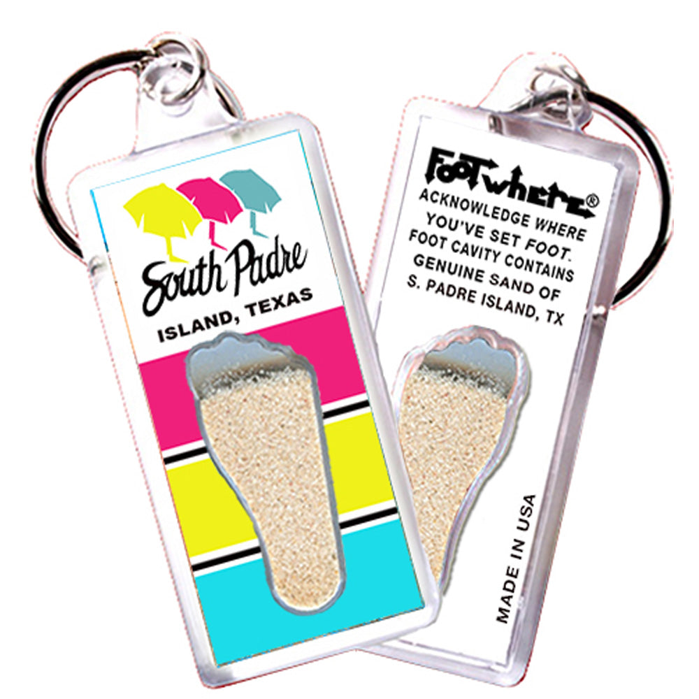 South Padre Island FootWhere® Souvenir Keychains 6 Piece Set. Made in USA