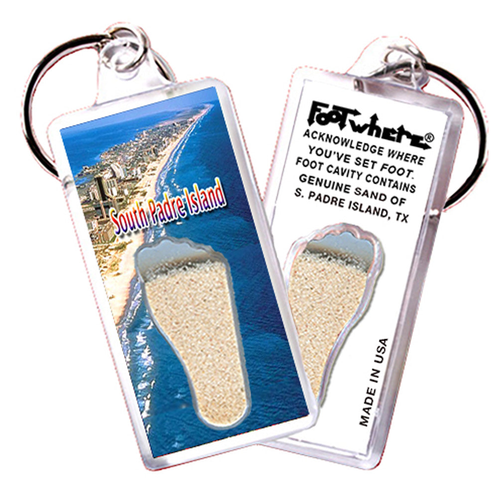 South Padre Island FootWhere® Souvenir Keychains 6 Piece Set. Made in USA