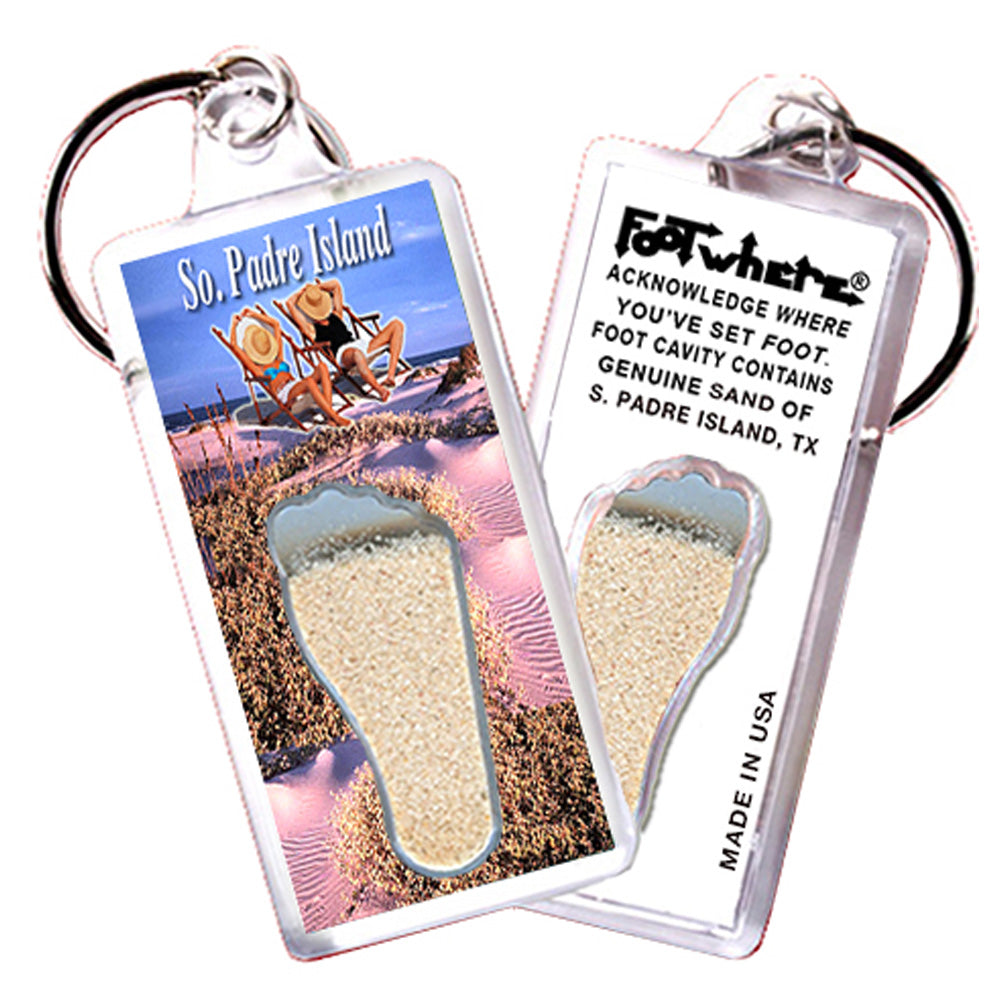 South Padre Island FootWhere® Souvenir Keychains 6 Piece Set. Made in USA