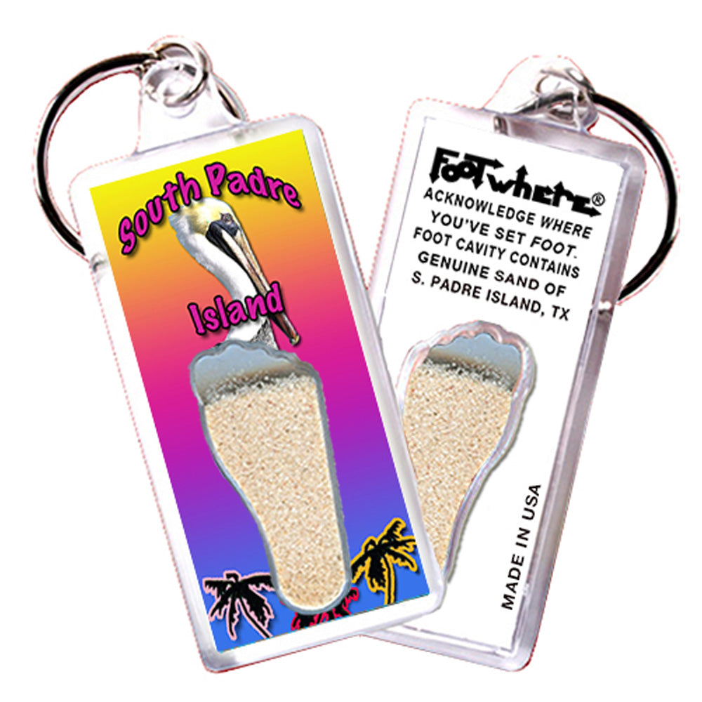 South Padre Island FootWhere® Souvenir Keychains 6 Piece Set. Made in USA