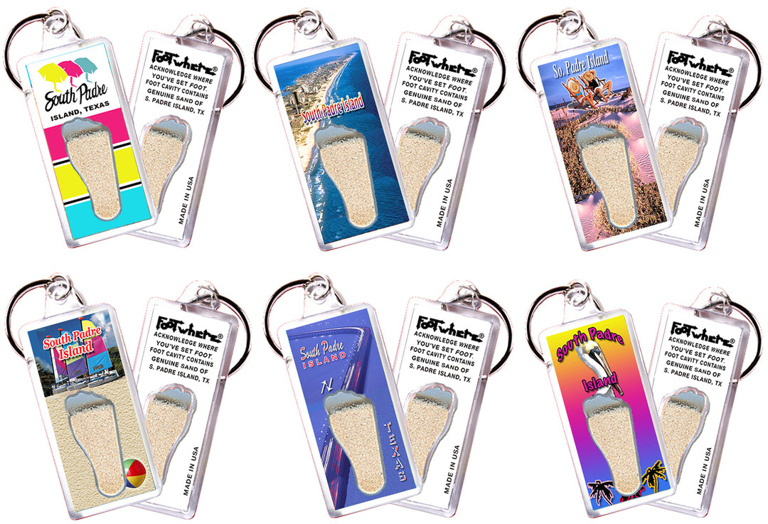 South Padre Island FootWhere® Souvenir Keychains 6 Piece Set. Made in USA