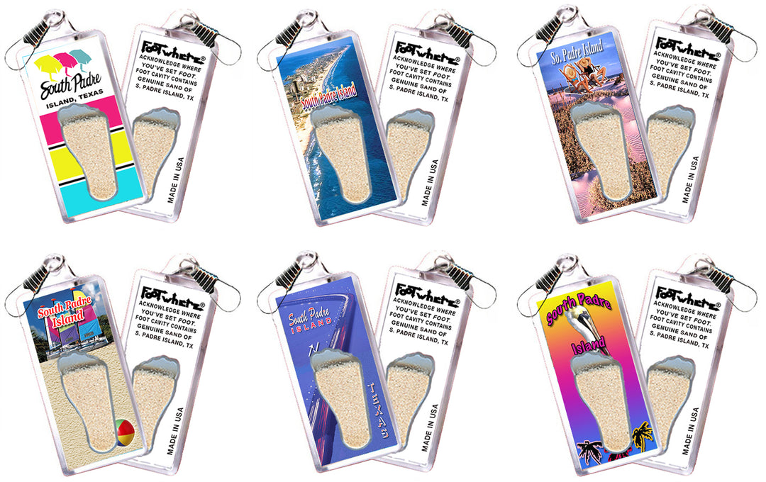 South Padre Island FootWhere® Souvenir Zipper-Pulls 6 Piece Set. Made in USA