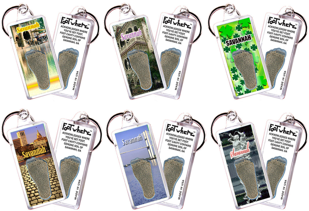 Savannah FootWhere® Souvenir Keychains. 6 Piece Set. Made in USA