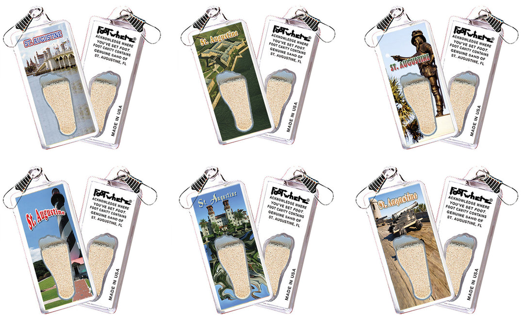 St. Augustine FootWhere® Souvenir Zipper-Pulls. 6 Piece Set. Made in USA