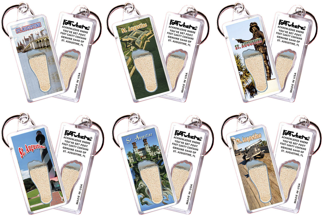 St. Augustine FootWhere® Souvenir Keychain. 72 pieces / 6 assorted styles.