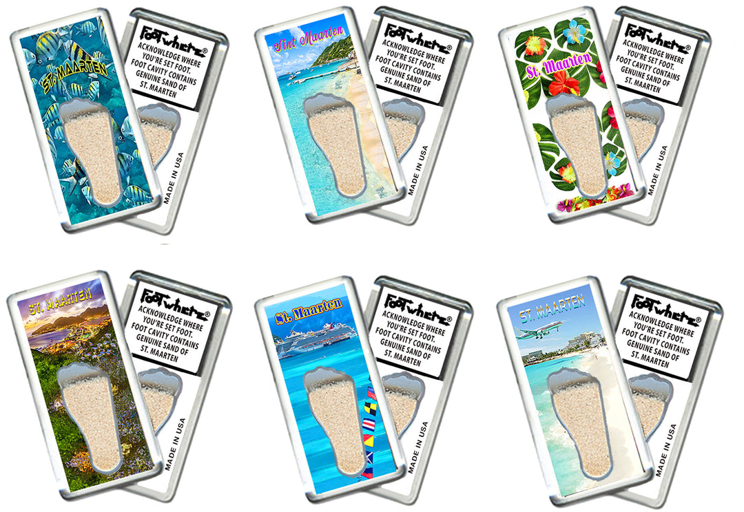 St. Maarten FootWhere® Souvenir Magnets. 6 Piece Set. Made in USA
