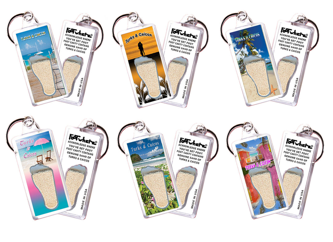 Turks & Caicos FootWhere® Souvenir Keychain. 72 pieces/ 6 assorted styles.