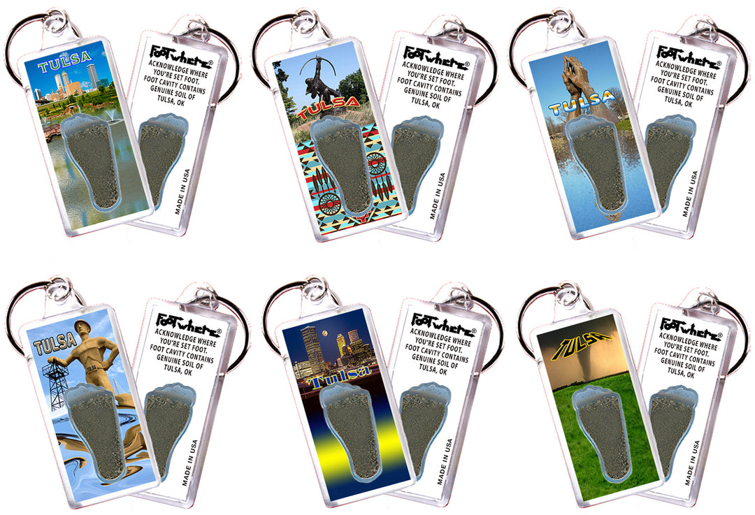 Tulsa FootWhere® Souvenir Keychains. 6 Piece Set. Made in USA