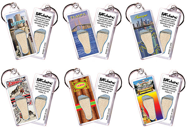 Tampa FootWhere® Souvenir Keychain. 6 Piece Set. Made in USA