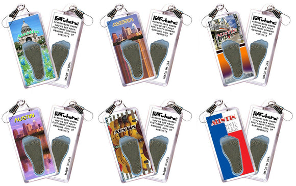 Austin FootWhere® Souvenir Zipper-Pulls. 6 Piece Set. Made in USA-FootWhere® Souvenirs