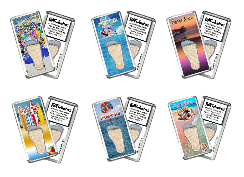 Cocoa Beach FootWhere® Souvenir Fridge Magnets. 6 Piece Set. Made in USA-FootWhere® Souvenirs