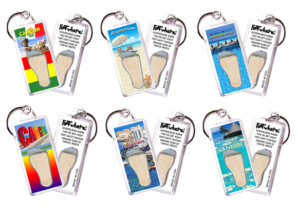 Cancun FootWhere® Souvenir Keychains. 6 Piece Set. Made in USA-FootWhere® Souvenirs