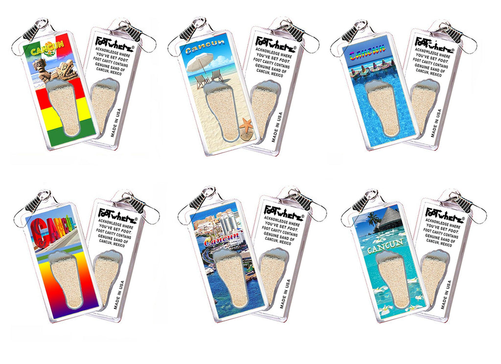 Cancun FootWhere® Souvenir Zipper-Pulls. 6 Piece Set. Made in USA-FootWhere® Souvenirs