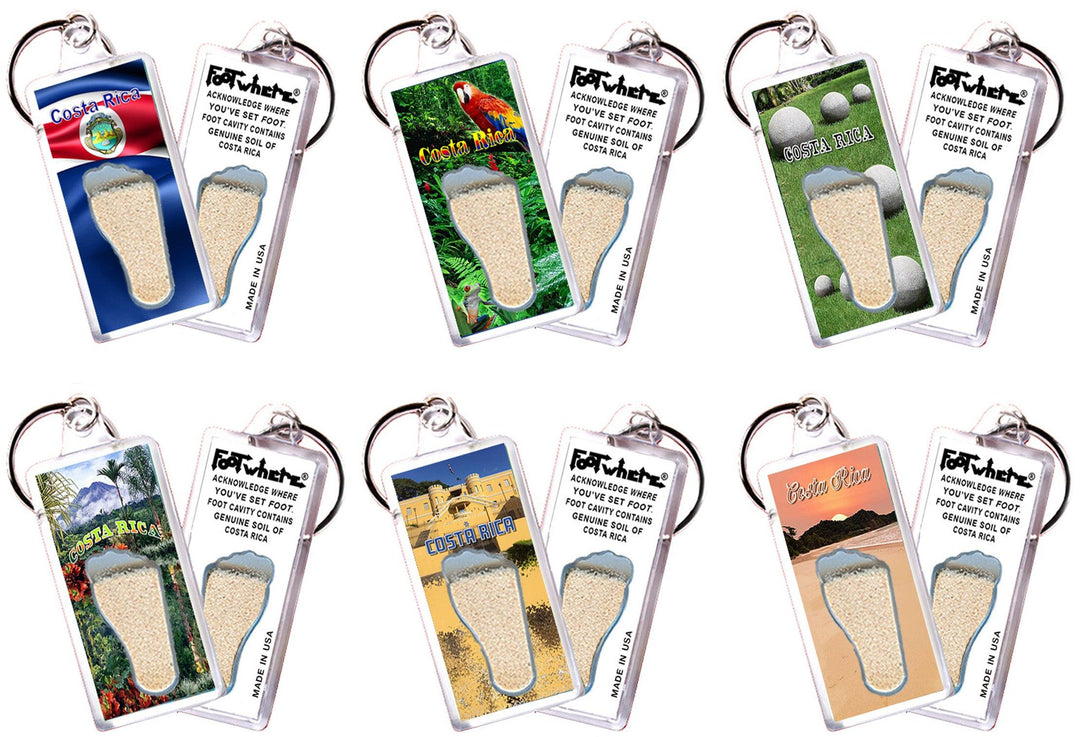 Costa Rica FootWhere® Souvenir Keychains. 6 Piece Set. Made in USA-FootWhere® Souvenirs