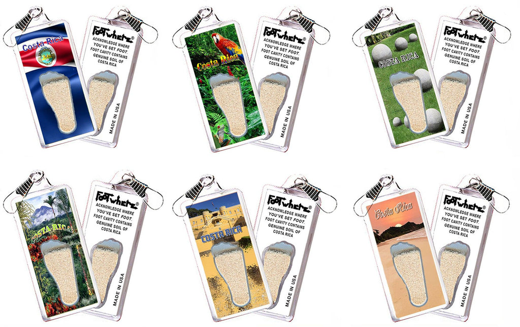 Costa Rica FootWhere® Souvenir Zipper-Pulls. 6 Piece Set. Made in USA-FootWhere® Souvenirs