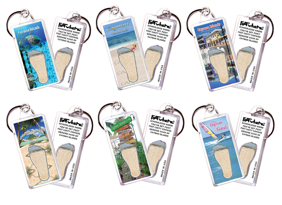 Cayman Islands FootWhere® Souvenir Keychains. 6 Piece Set. Made in USA-FootWhere® Souvenirs