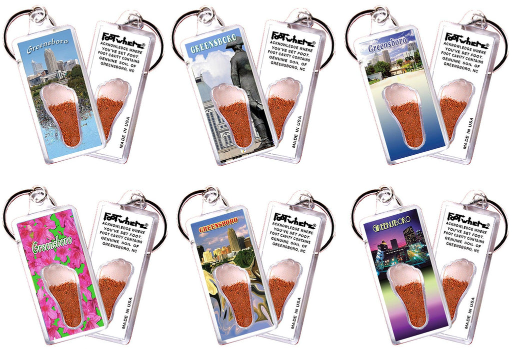 Greensboro FootWhere® Souvenir Keychains. 6 Piece Set. Made in USA-FootWhere® Souvenirs