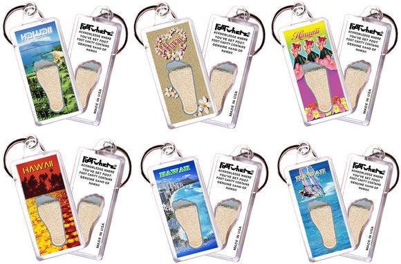 Hawaii FootWhere® Souvenir Keychains. 6 Piece Set. Made in USA - FootWhere® Souvenir Shop