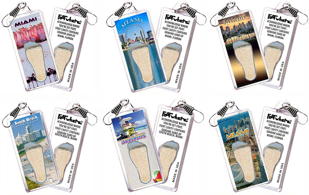 Miami FootWhere® Souvenir Zipper-Pulls. 6 Piece Set. Made in USA - FootWhere® Souvenir Shop