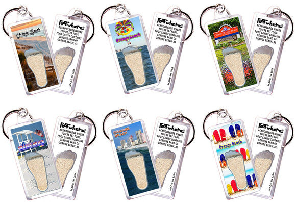 Orange Beach FootWhere® Souvenir Keychains. 6 Piece Set. Made in USA - FootWhere® Souvenir Shop