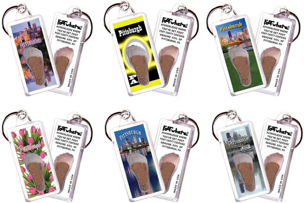 Pittsburgh FootWhere® Souvenir Keychains. 6 Piece Set. Made in USA - FootWhere® Souvenir Shop