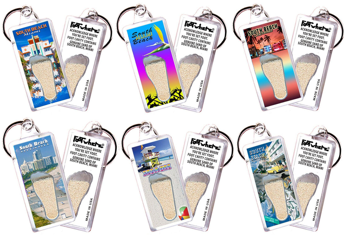 South Beach Miami FootWhere® Souvenir Keychains. 6 Piece Set. Made in ...
