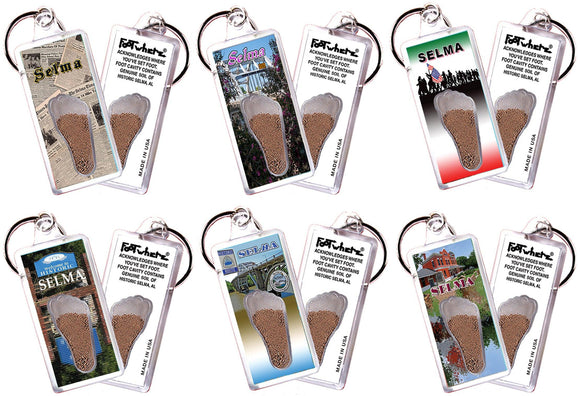 Selma FootWhere® Souvenir Keychains. 6 Piece Set. Made in USA-FootWhere® Souvenirs