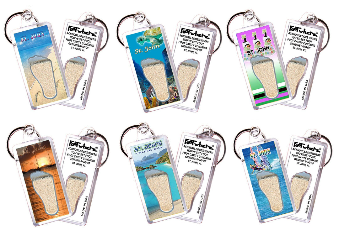 St. John FootWhere® Souvenir Keychains. 6 Piece Set. Made in USA - FootWhere® Souvenir Shop